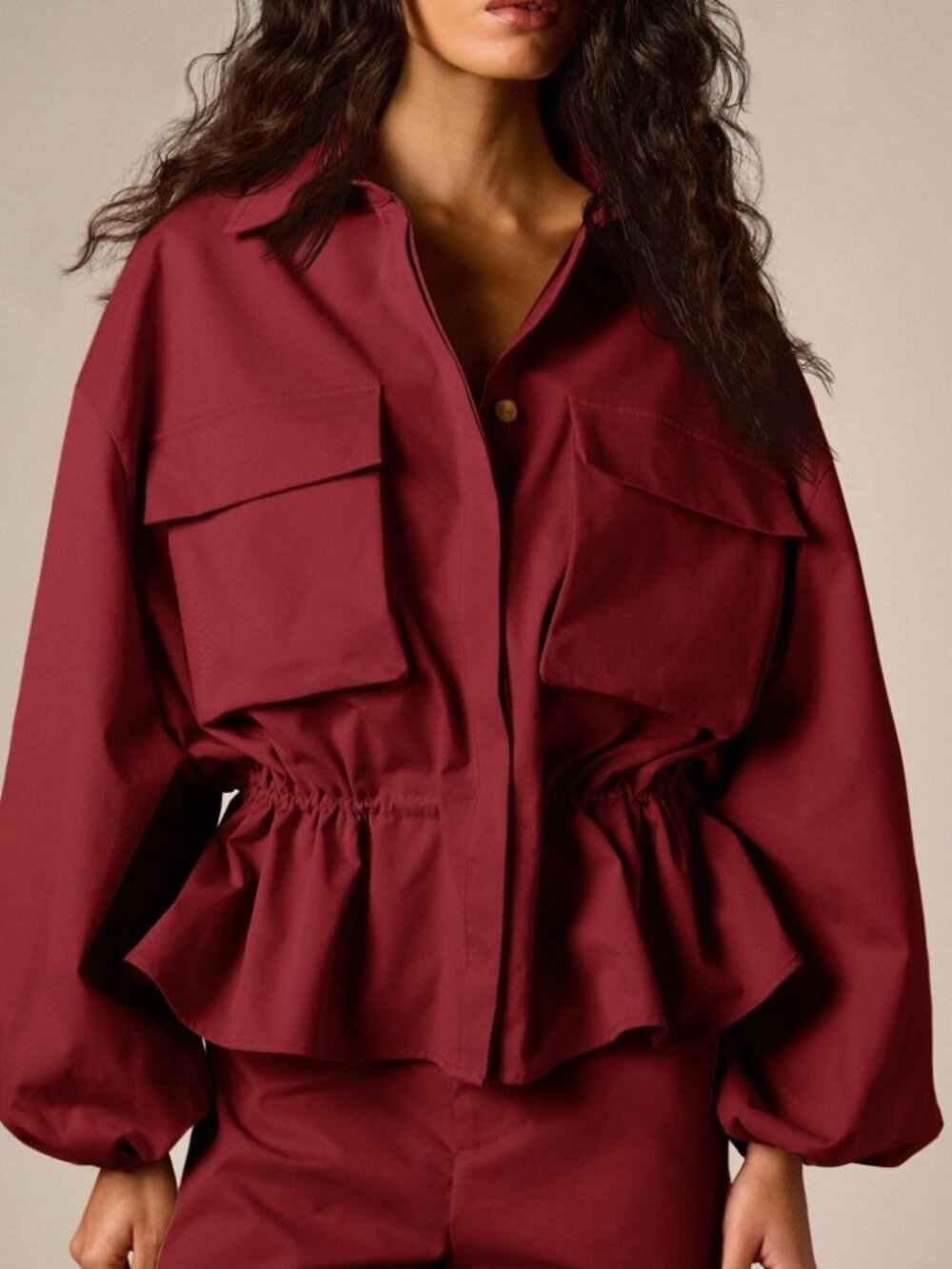 Burgundy Cargo Pocket Peplum Jacket with Cinched Waist